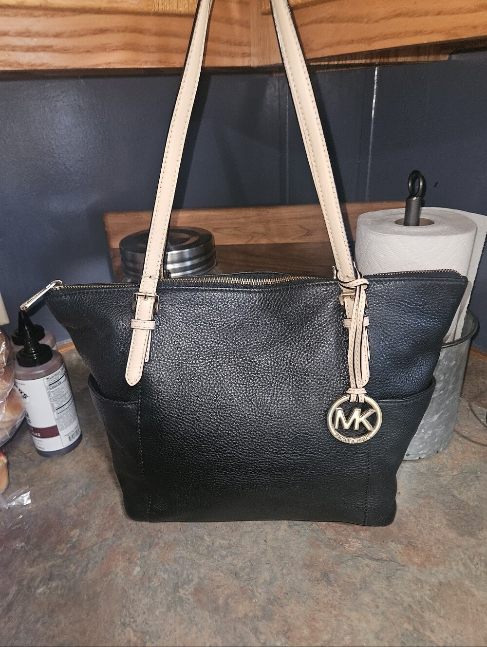 Michael Kors Black Leather Tote with Beige Straps and Gold MK Charm